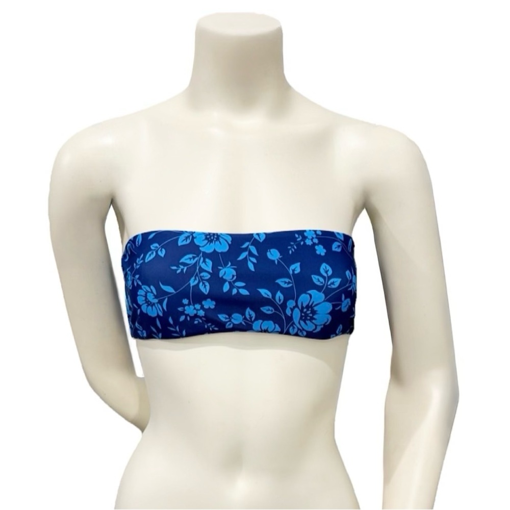 Blue Floral Bandeau Bikini Top | Strapless Swim Top | Size S